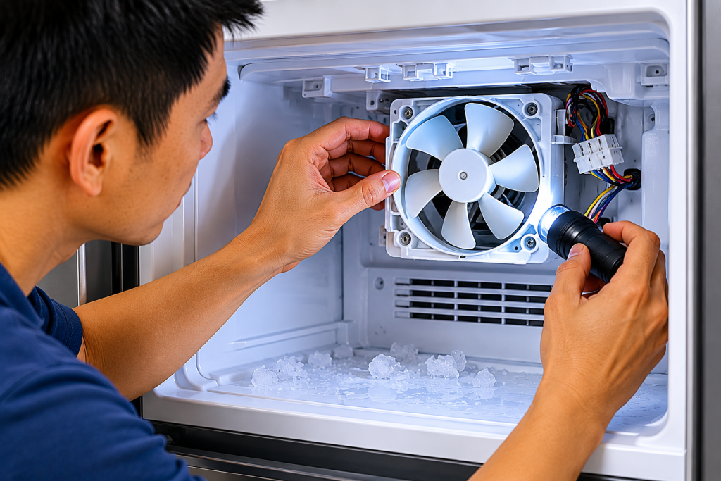 Homeowner inspecting the ice fan motor assembly inside an LG refrigerator freezer compartment while troubleshooting an IF error code caused by restricted airflow or a faulty fan motor
