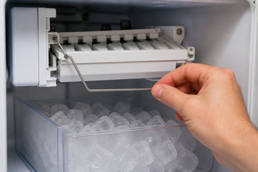 Homeowner checking refrigerator ice maker shut-off arm inside freezer compartment to troubleshoot ice maker not producing ice