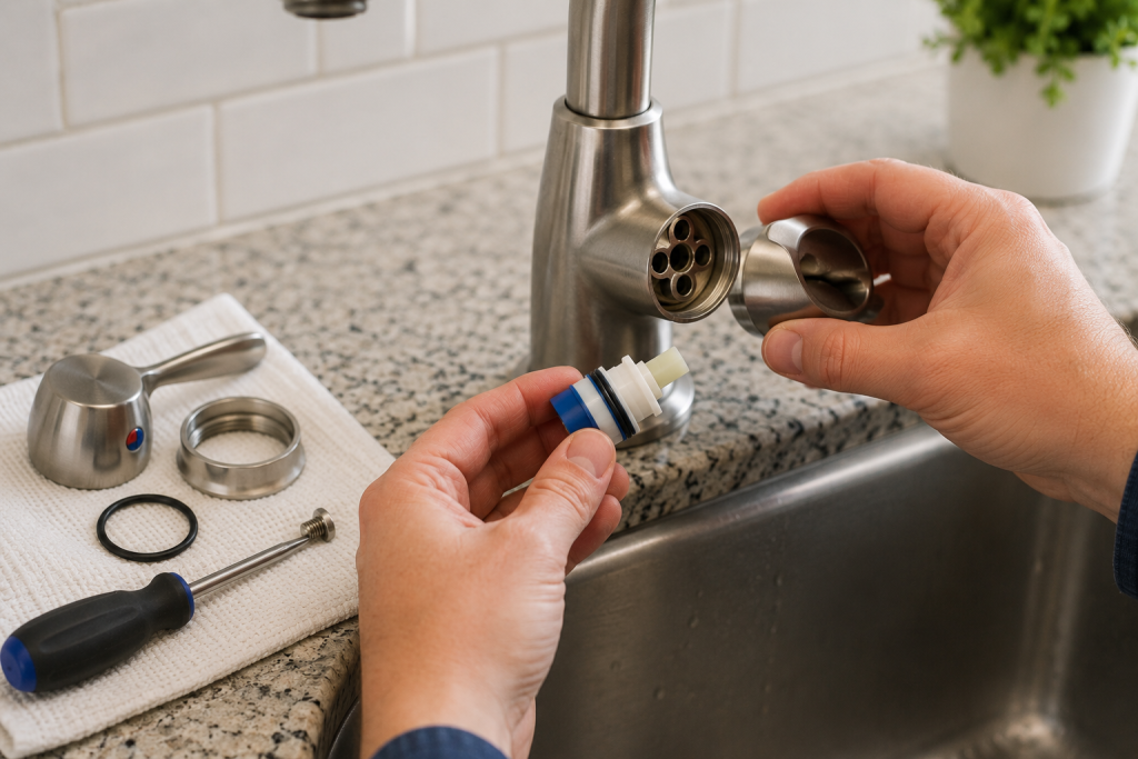 Removing and inspecting a kitchen faucet cartridge to troubleshoot low water pressure