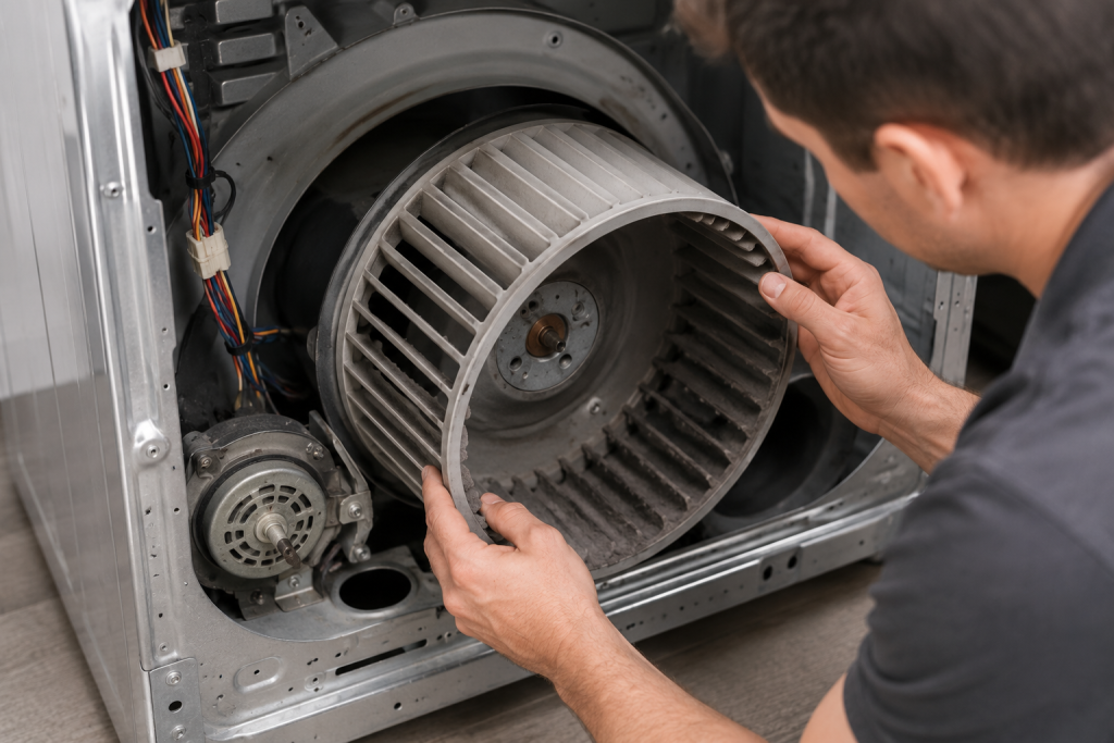 Technician inspecting the internal blower wheel inside an LG dryer to diagnose restricted airflow and a D80 error code condition