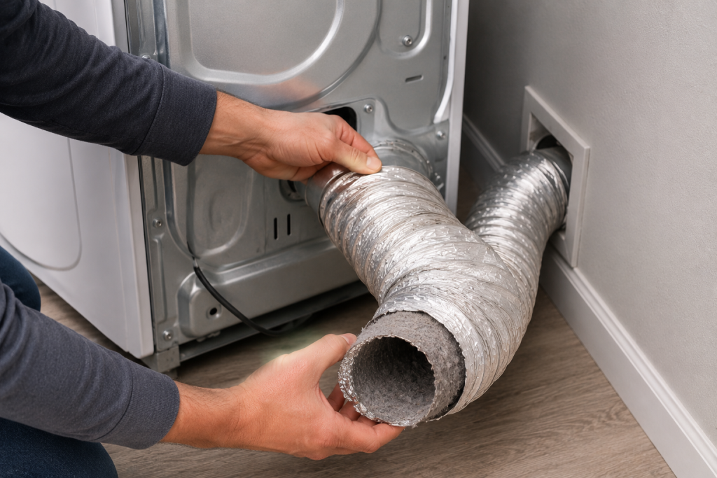 Homeowner inspecting the flexible dryer vent hose behind an LG dryer for kinks, lint buildup, and airflow restrictions causing a D80 error code