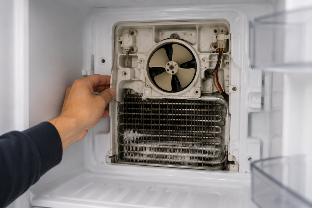 Inspecting the evaporator fan and cooling coils inside an LG refrigerator freezer compartment during troubleshooting for poor refrigerator cooling