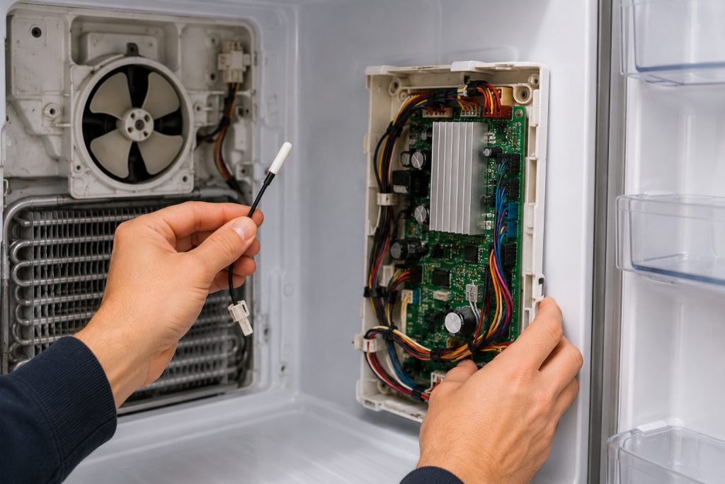 Inspecting an LG refrigerator thermistor sensor and control board during troubleshooting for refrigerator not cooling while freezer still works