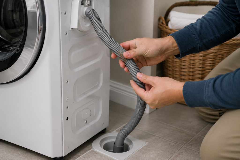 Homeowner inspecting the drain hose connection on an LG front load washing machine in a laundry room
