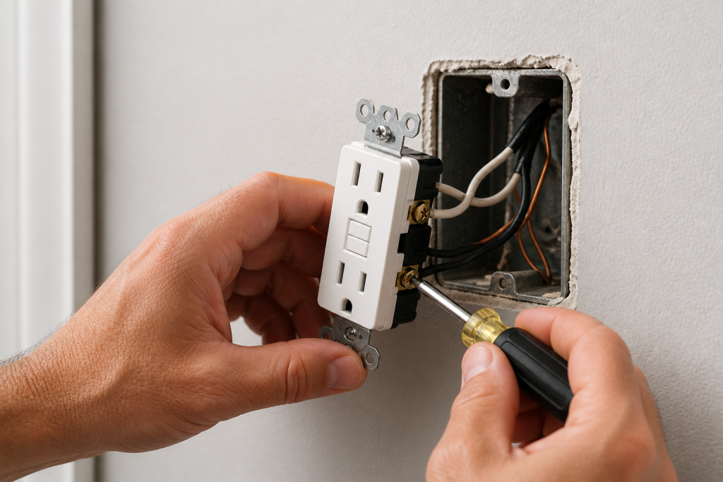 Inspecting loose wiring behind a GFCI outlet during electrical outlet repair.