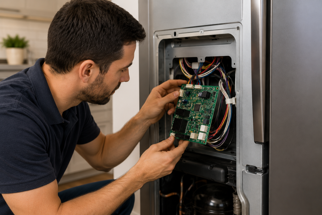Appliance repair technician inspecting the main electronic control board and wiring connections on the back of a stainless steel GE-style refrigerator during PF power failure troubleshooting in a modern kitchen