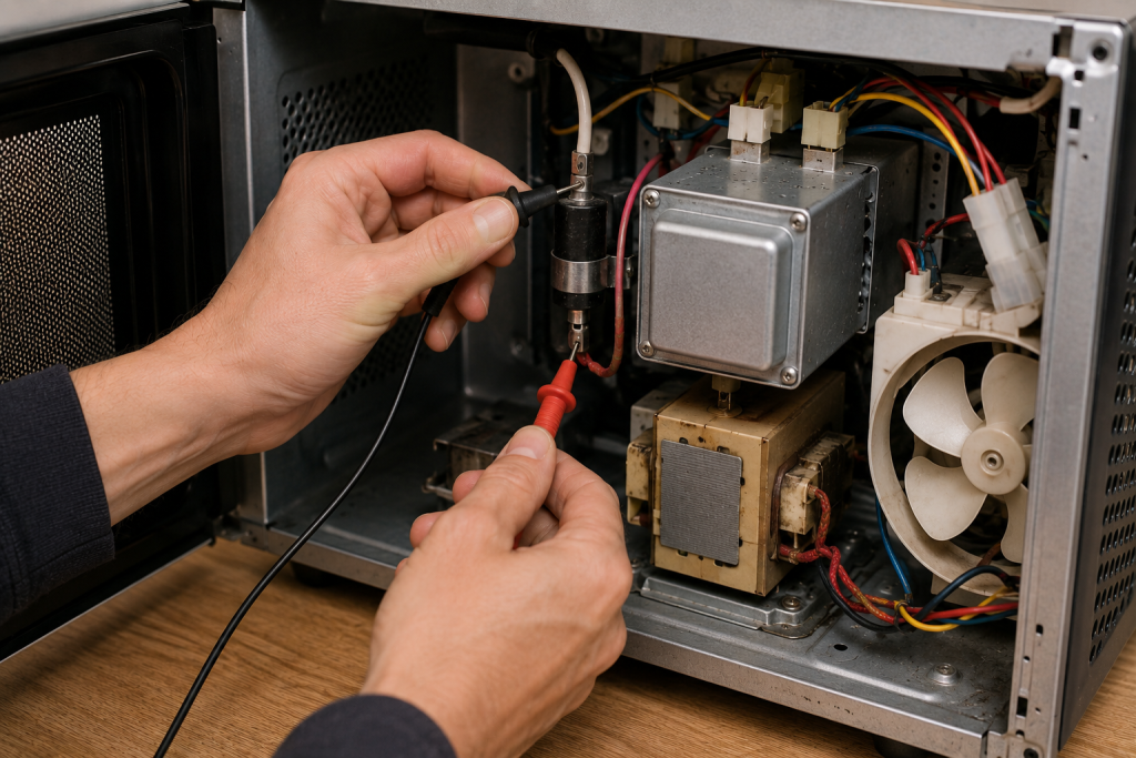 Technician testing the high-voltage diode inside a microwave during appliance heating repair troubleshooting