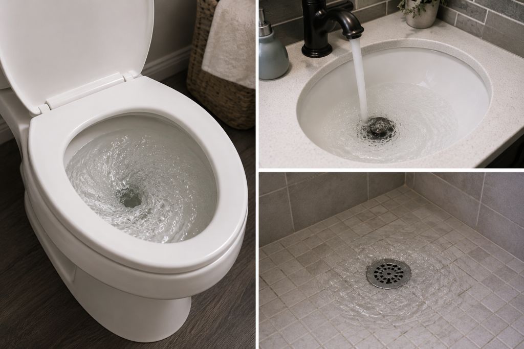 Bathroom sink and shower drain showing bubbling water while a nearby toilet flushes due to a shared plumbing drain blockage