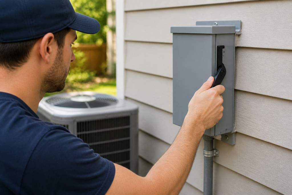 Inspecting outdoor AC disconnect switch box next to condenser unit to restore power