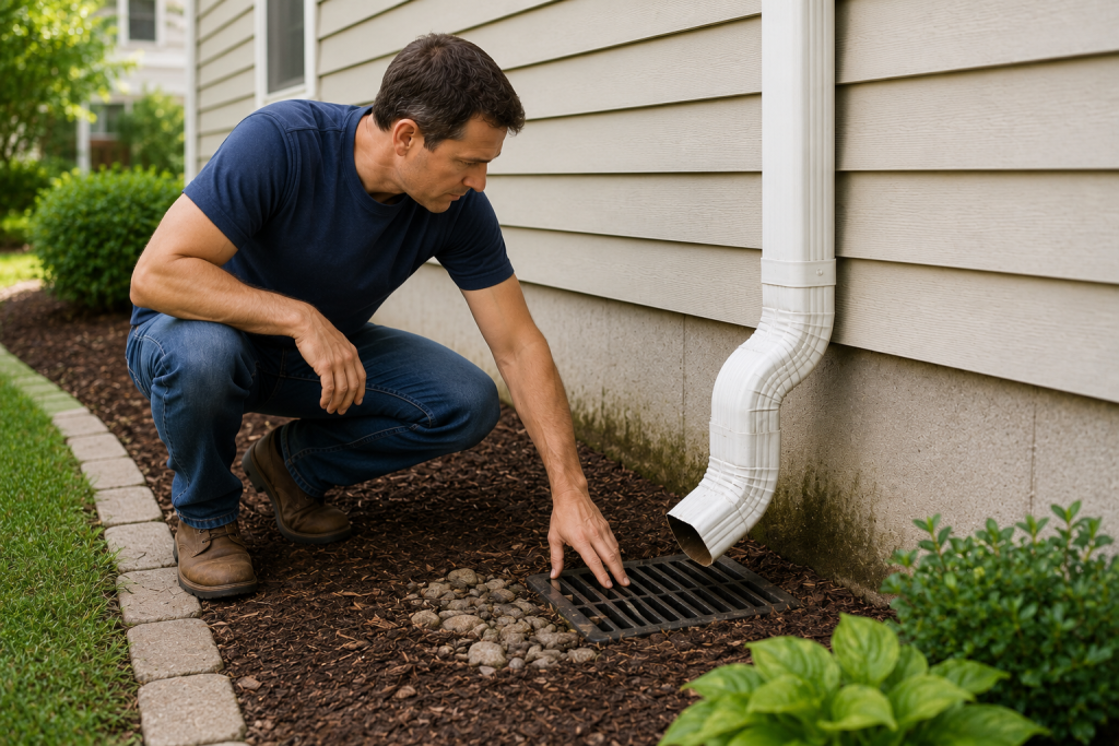 Inspecting outdoor drainage and water flow around home foundation during exterior home maintenance
