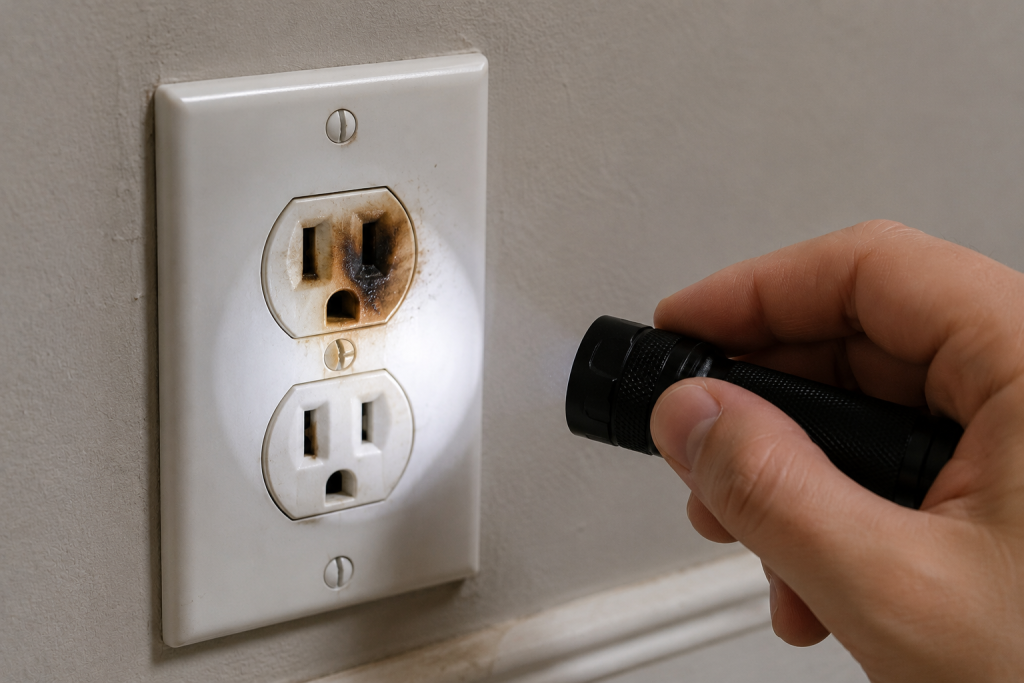 burned electrical outlet with scorch marks being inspected for damage and overheating
