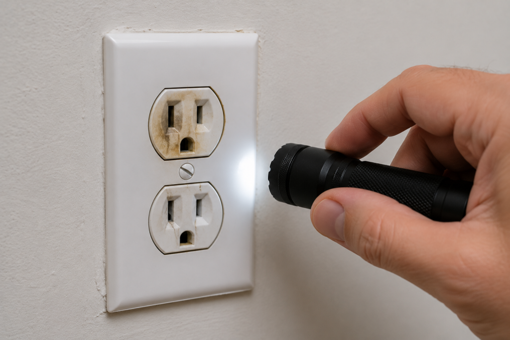 close-up of a damaged electrical outlet with discoloration and burn marks being inspected during home electrical troubleshooting