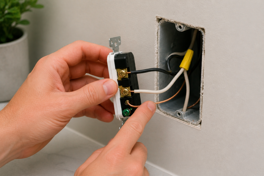 Inspecting electrical outlet wiring inside wall box for loose or damaged connections