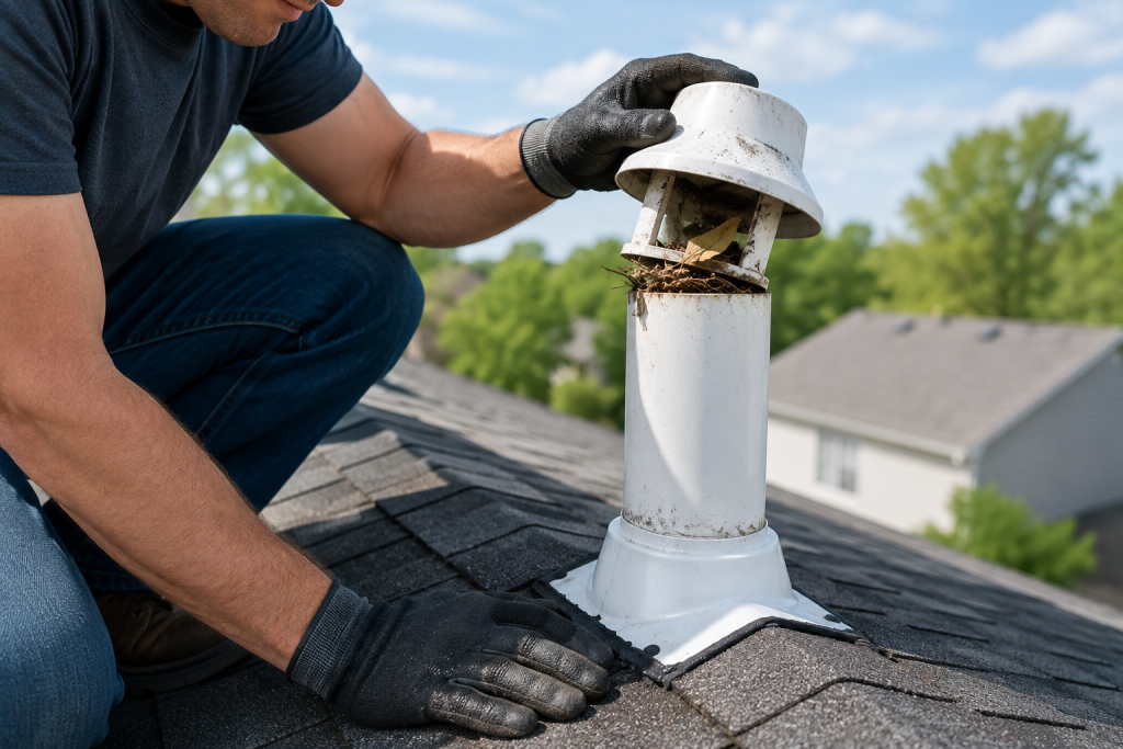 Homeowner inspecting rooftop plumbing vent pipe for blockage causing toilet bubbling and drain airflow problems