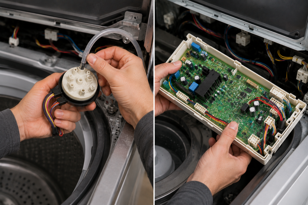 Technician inspecting the pressure switch wiring and electronic control board inside a top-loading Maytag Washer Stuck on Sensing Cycle