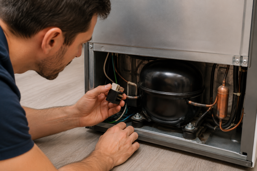 Person inspecting a refrigerator compressor and start relay components behind the appliance near electrical wiring and cooling parts