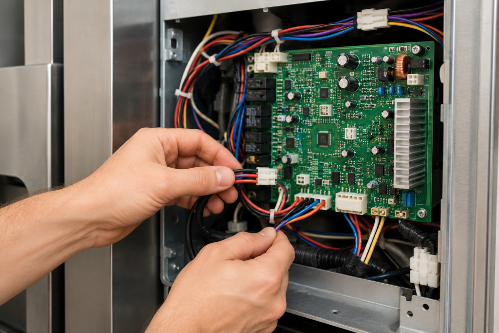 Hands inspecting a refrigerator control board and electrical wiring connections during appliance troubleshooting