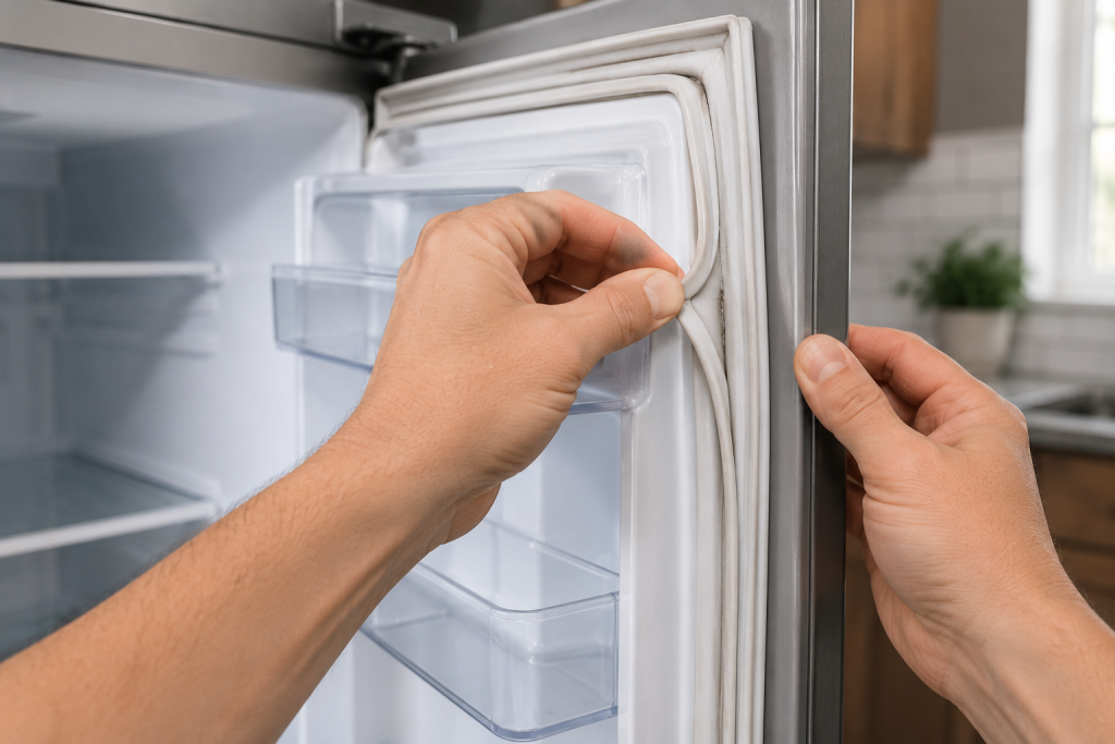 Homeowner inspecting refrigerator door gasket seal for cracks, gaps, or damage along refrigerator door edge