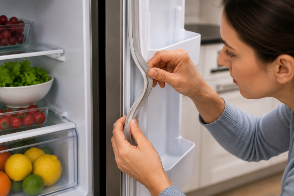 Homeowner inspecting the rubber door gasket seal on an open refrigerator door in a kitchen