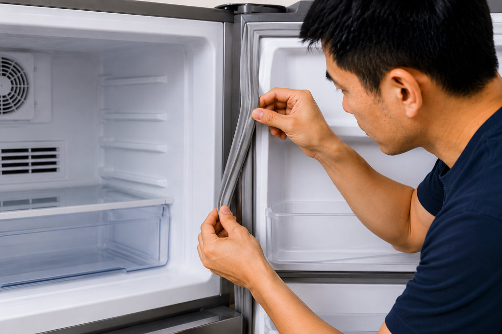 Homeowner inspecting the rubber door gasket seal around an LG refrigerator freezer door for gaps, cracks, or moisture leaks that could cause frost buildup and trigger an IF error code due to restricted airflow and ice fan issues