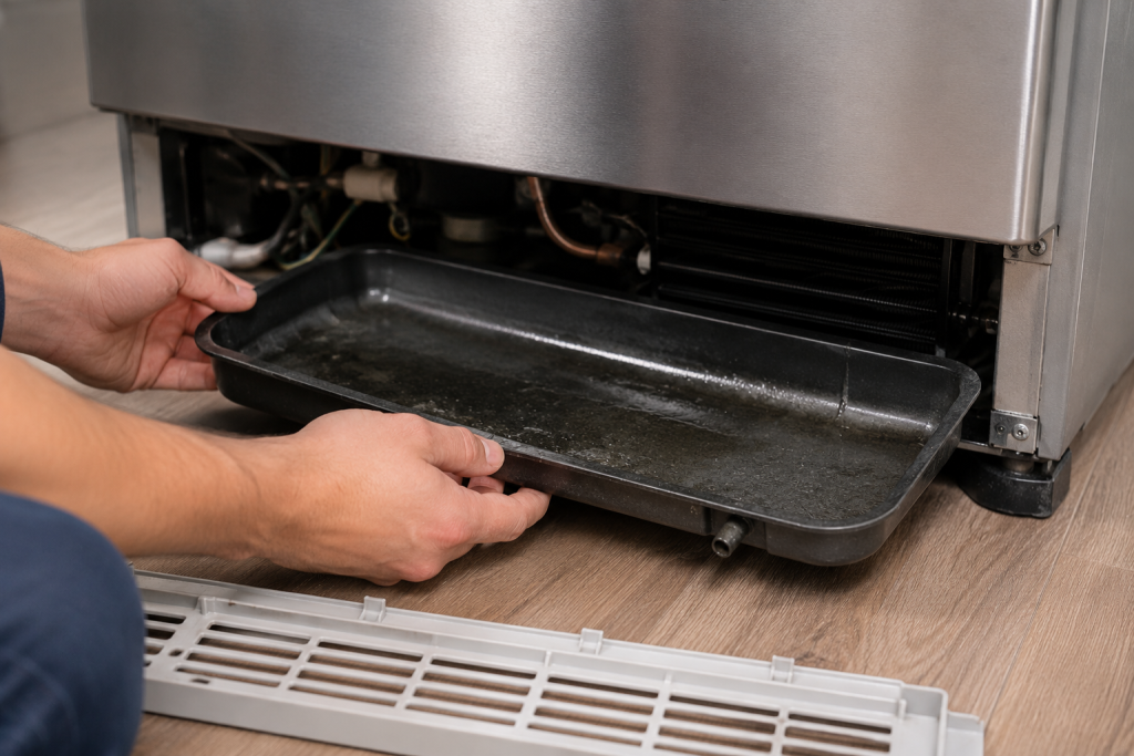 Homeowner removing and inspecting refrigerator drain pan underneath stainless steel refrigerator for water leaks and buildup