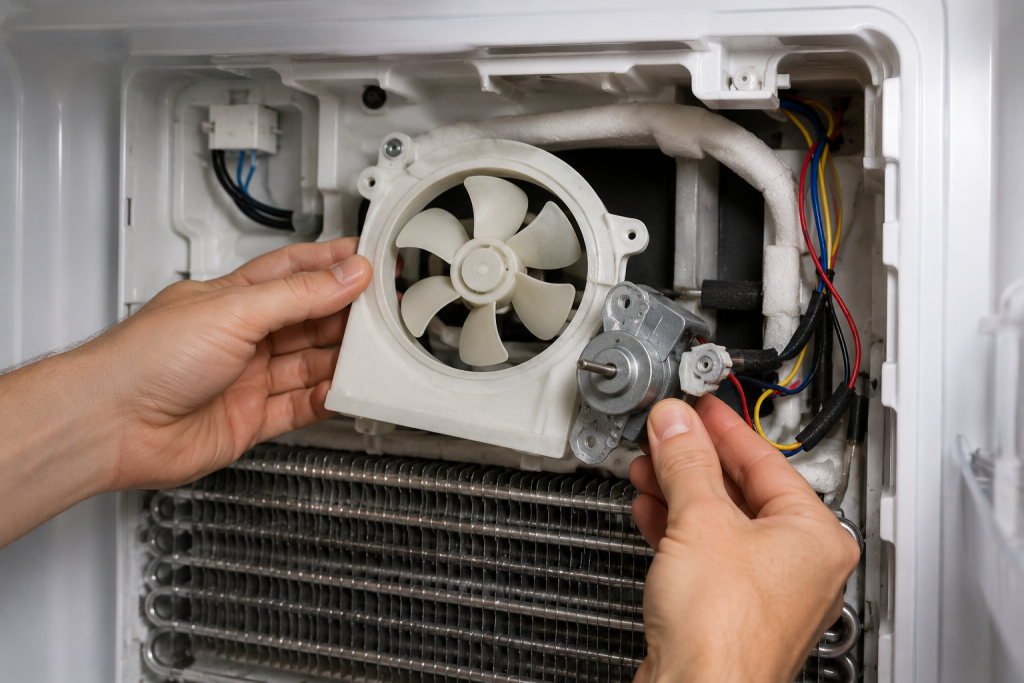 Inspecting a refrigerator evaporator fan motor and wiring inside a Samsung refrigerator during 22E error troubleshooting