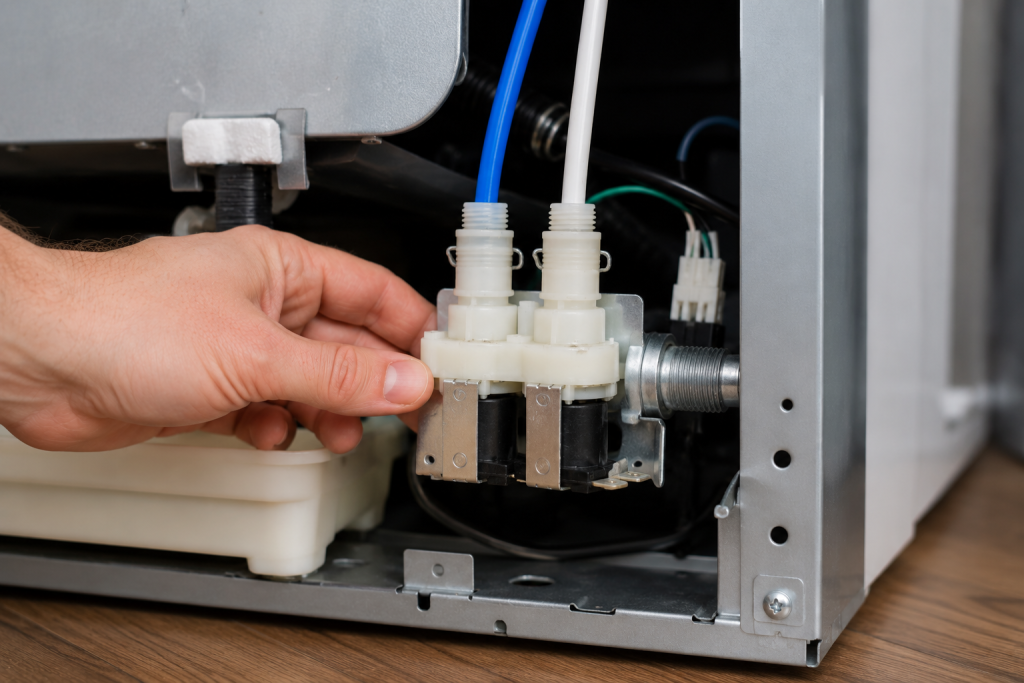 Hand inspecting the refrigerator water inlet valve and connected water lines during appliance troubleshooting
