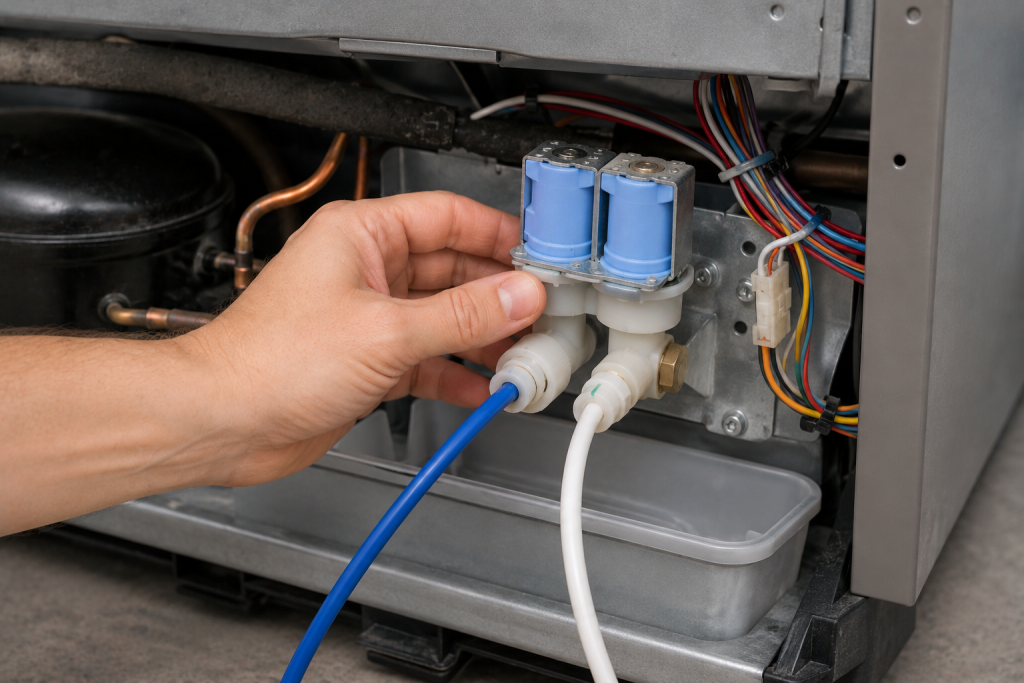 Hand inspecting the dual water inlet valve assembly and water lines behind a Whirlpool refrigerator ice maker system