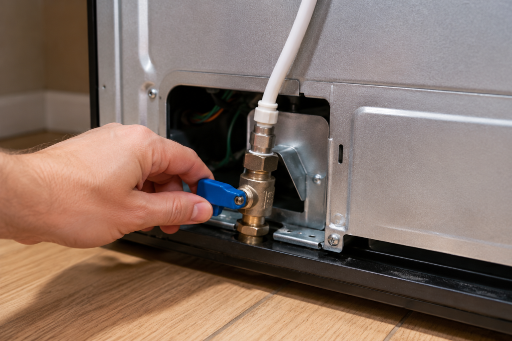 Hand inspecting the water supply shutoff valve and water line connection behind a refrigerator during appliance troubleshooting Frigidaire Refrigerator Water Dispenser Not Working