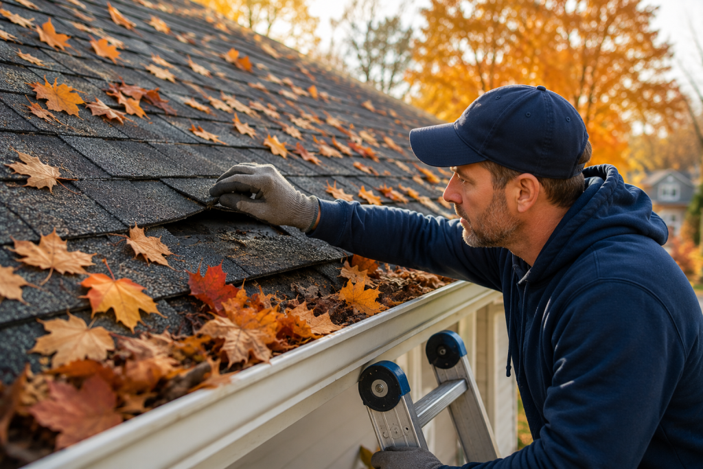 Inspecting roof shingles for damage and loose sections during fall home maintenance before winter weather arrives