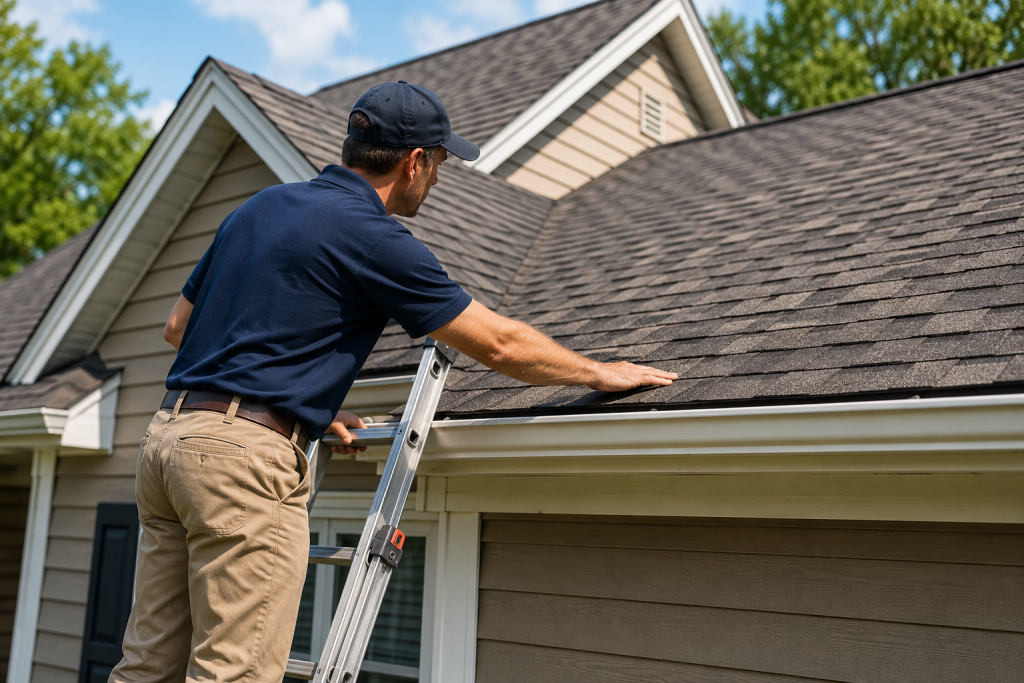 Homeowner inspecting asphalt roof shingles for damage during exterior home maintenance inspection