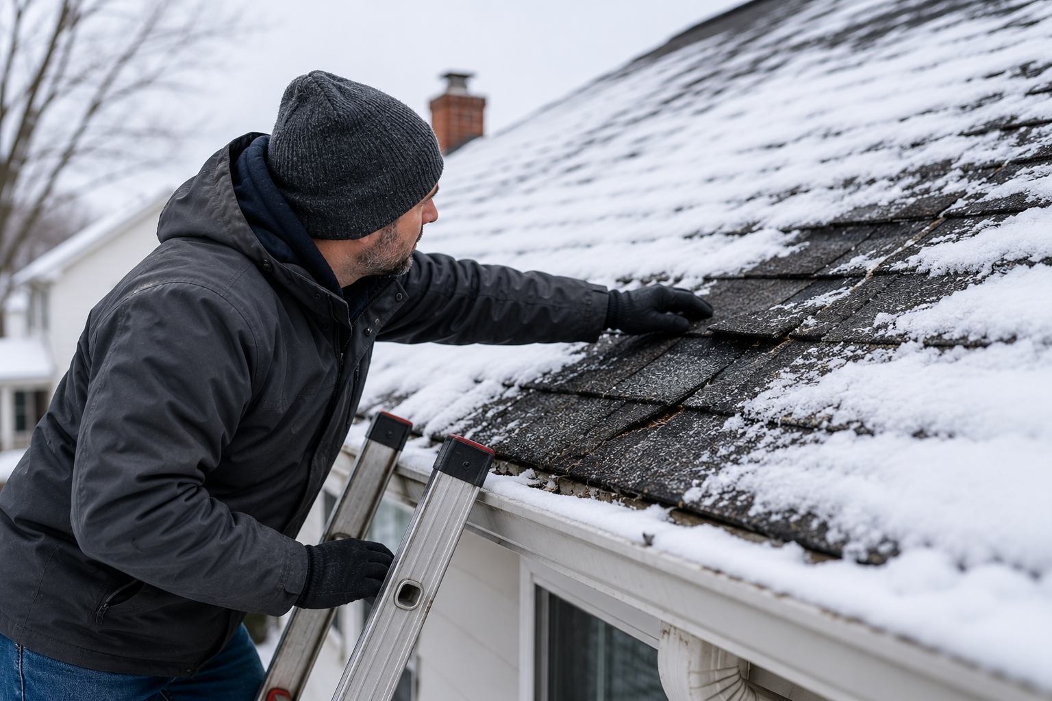 Homeowner inspecting snow-covered roof shingles for winter storm damage while standing on a ladder outside a house