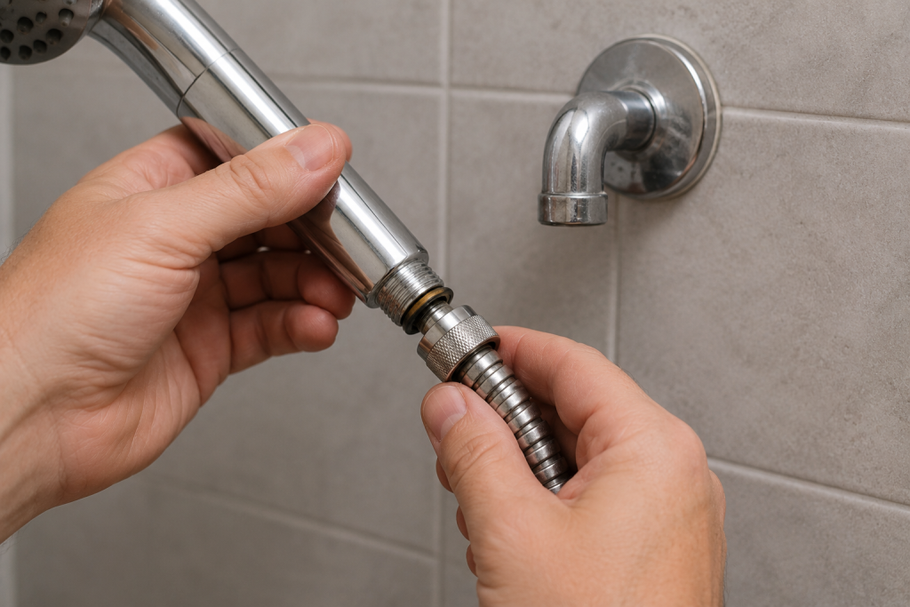 Close-up of a homeowner inspecting shower hose and plumbing connections for leaks and low water pressure in shower problems in a bathroom shower