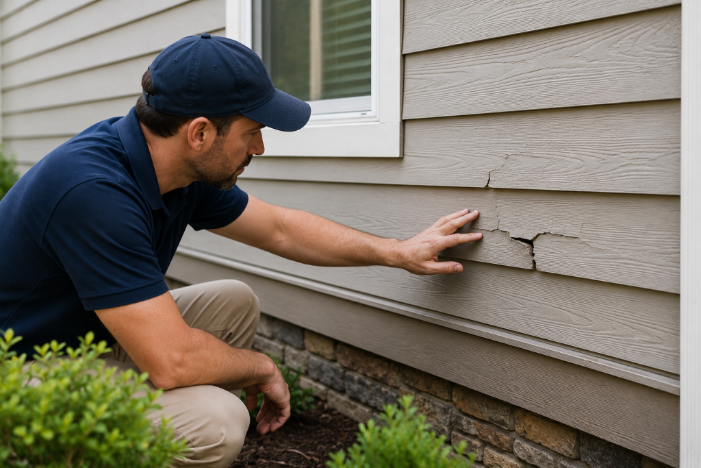 Homeowner inspecting exterior siding for cracks and damage during exterior home maintenance check