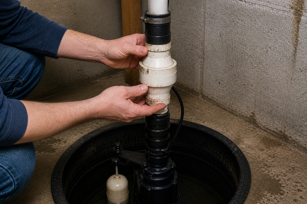 Homeowner inspecting the check valve on a basement sump pump discharge pipe during sump pump troubleshooting