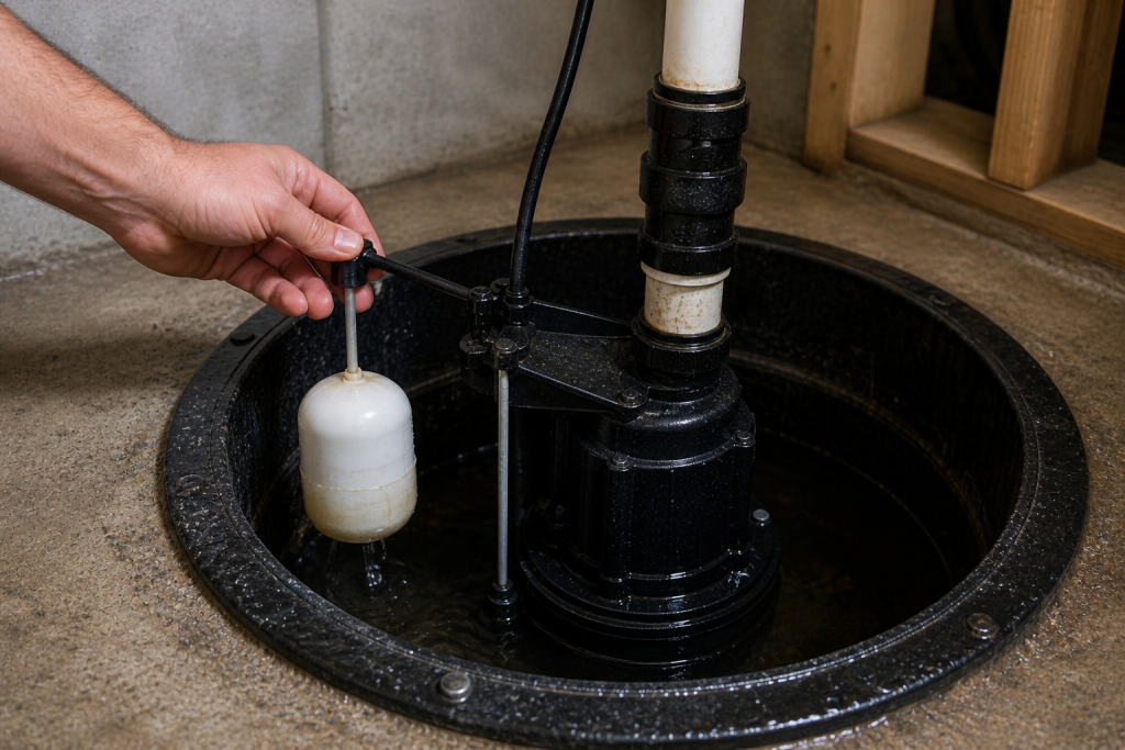 Homeowner inspecting the float switch inside a basement sump pump pit to troubleshoot a sump pump not working properly