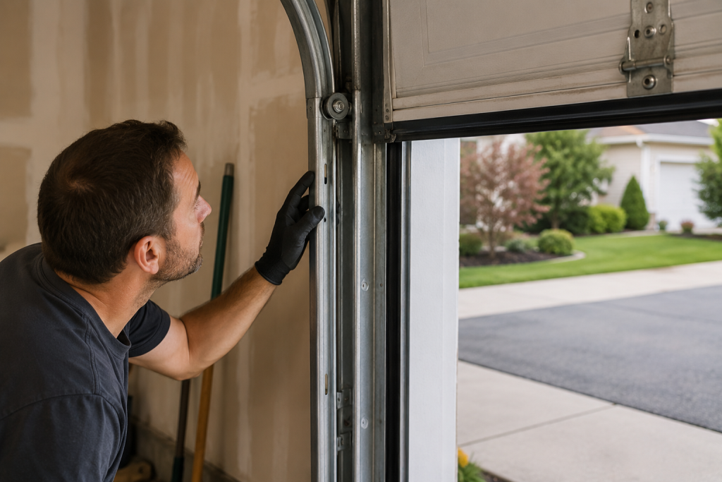 homeowner inspecting metal garage door tracks and rollers inside garage opening
