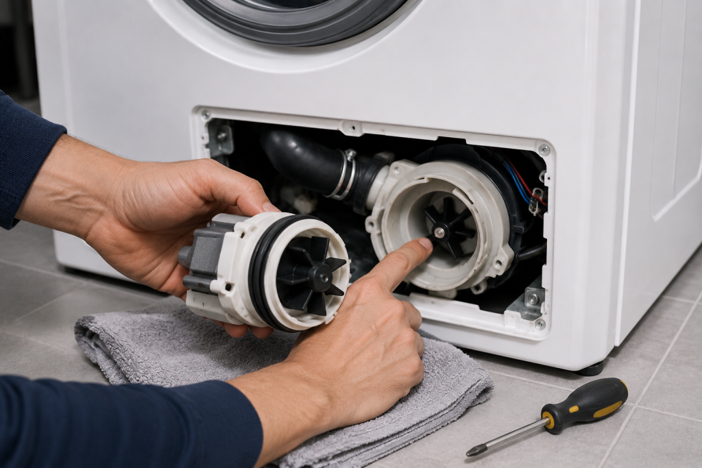 Person inspecting the drain pump area inside a front-loading washing machine while troubleshooting a Whirlpool washer F9 E1 long drain error.