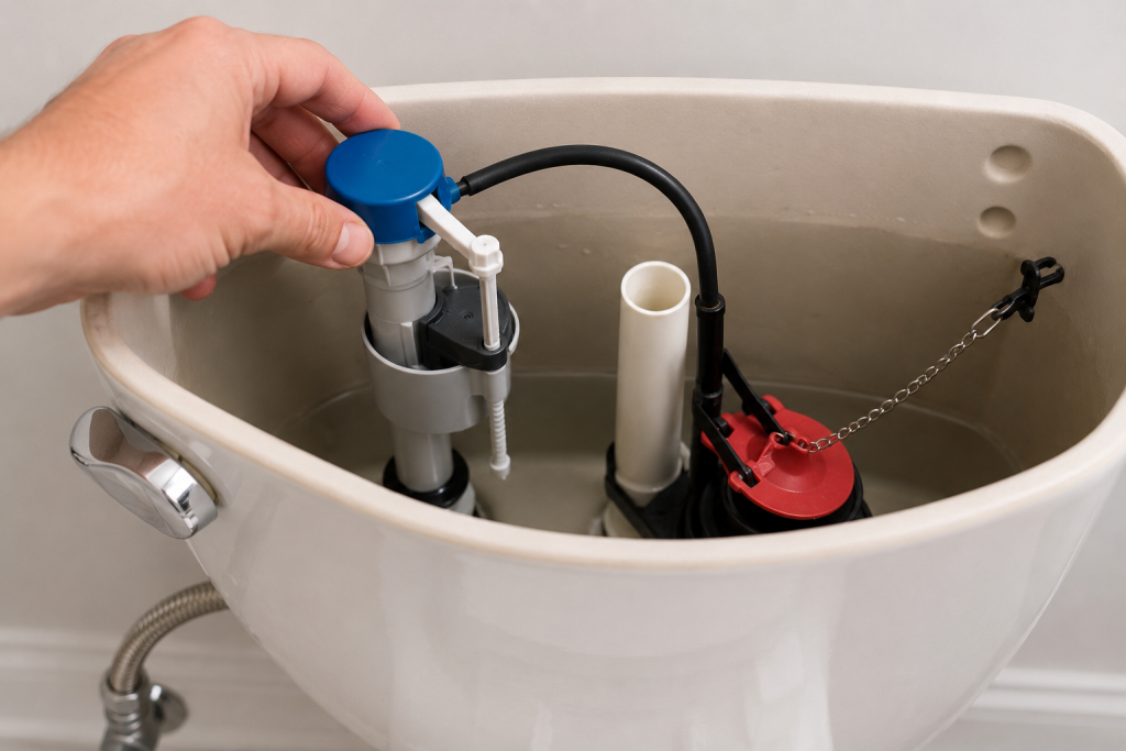 Hand inspecting and adjusting a toilet fill valve inside an open residential toilet tank during plumbing troubleshooting