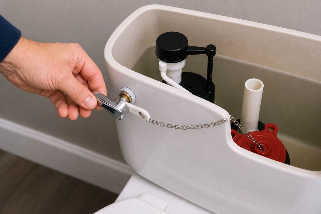 Inspecting and tightening toilet flush handle connection inside tank to fix flushing issue