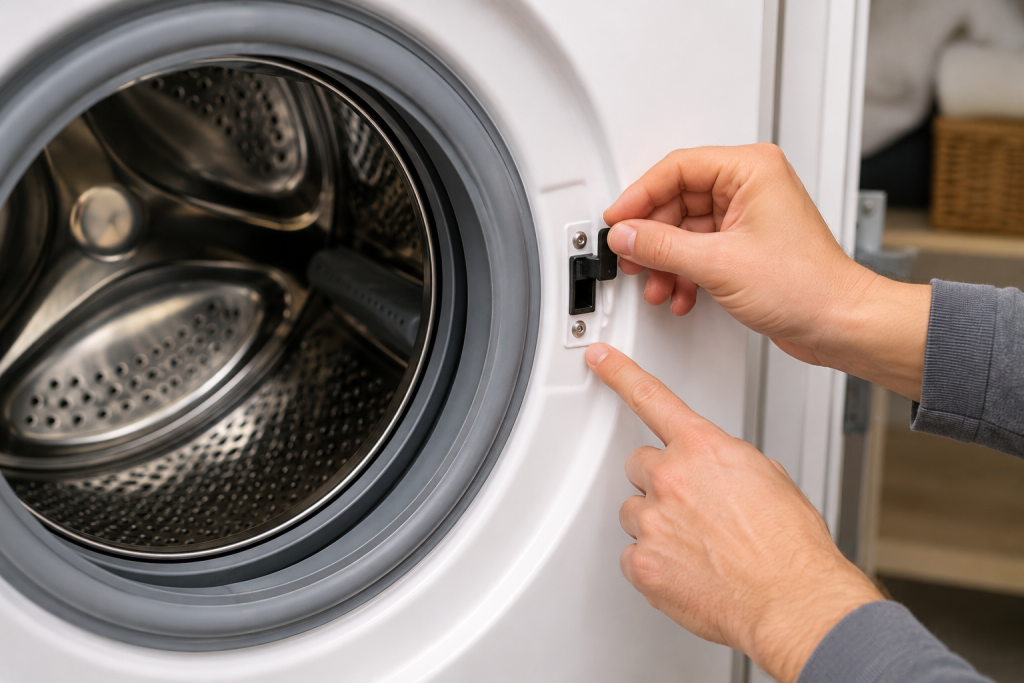 Hand inspecting the door lock mechanism on a front-loading washing machine during washing machine not spinning cycle troubleshooting