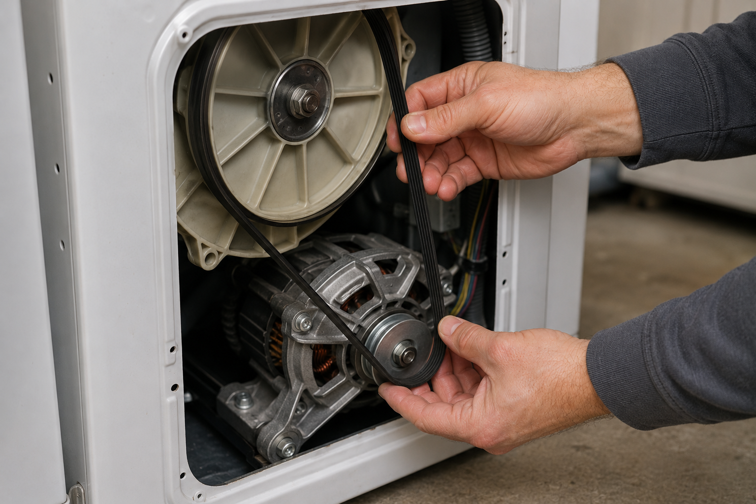 Technician inspecting the drive belt underneath a washing machine during washer spin cycle repair troubleshooting