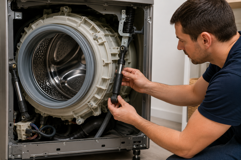Homeowner inspecting washing machine shock absorbers and suspension components inside a front-load washer to diagnose excessive vibration and UR error problems