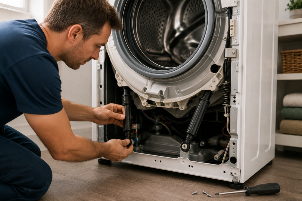 Homeowner inspecting washing machine shock absorbers and suspension components to diagnose excessive shaking during spin cycles