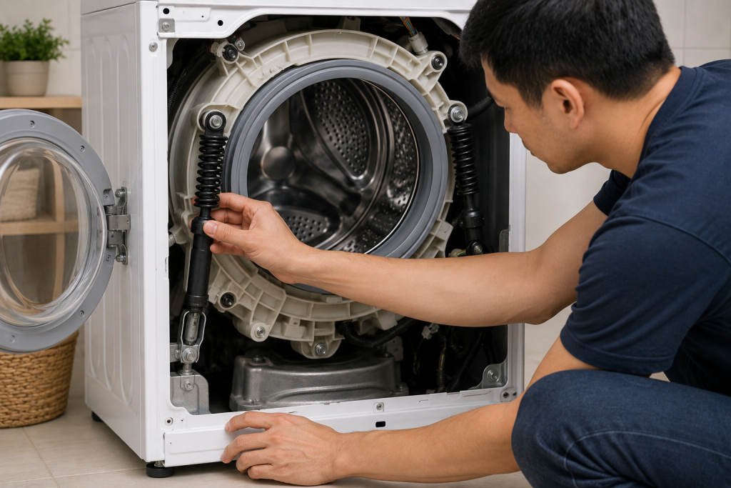 Homeowner inspecting the suspension rods and shock absorbers inside an LG front load washing machine while troubleshooting a persistent UE unbalanced load error during the spin cycle