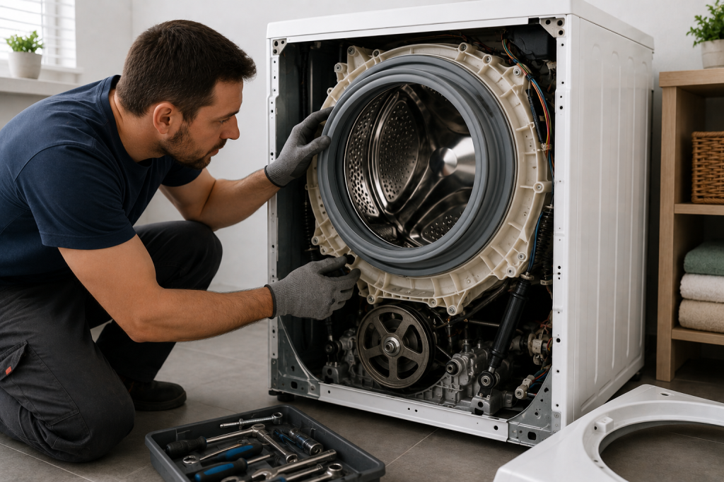 Technician inspecting internal drum bearings and mechanical components inside a front-load washing machine to diagnose severe shaking and noise issues
