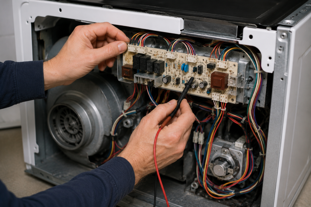 Technician inspecting a Whirlpool dryer timer and electronic control board with exposed wiring inside an opened dryer during heating troubleshooting