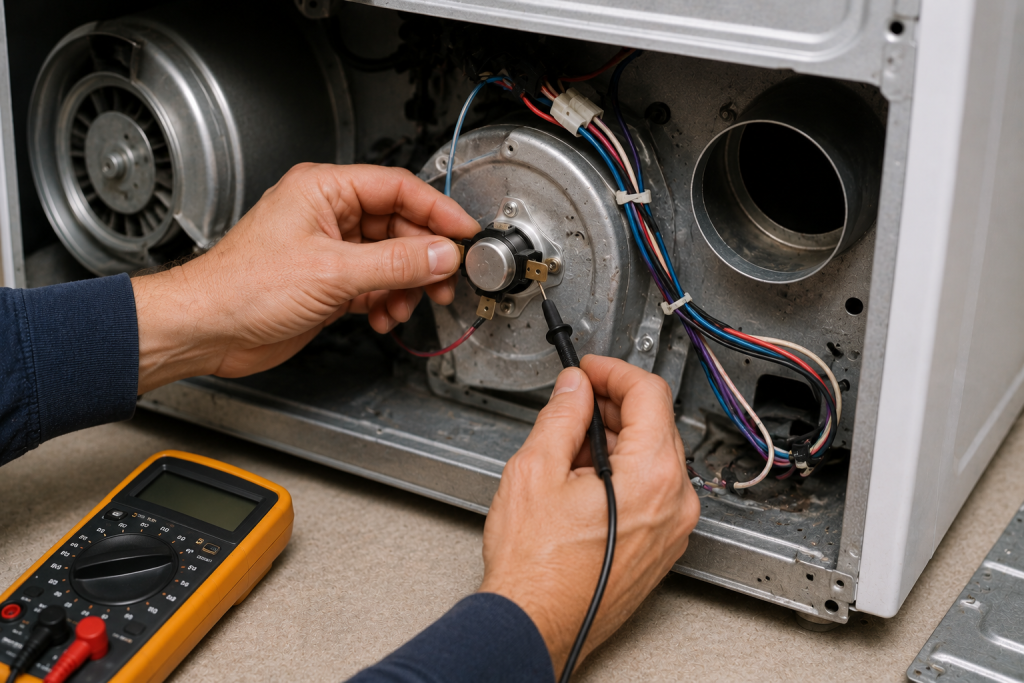 Technician testing a Whirlpool dryer cycling thermostat with a multimeter inside an opened dryer cabinet during heating system troubleshooting