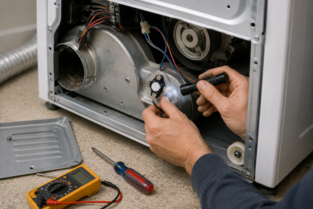 Technician testing a Whirlpool dryer thermal fuse with a multimeter inside an opened dryer cabinet during heating troubleshooting