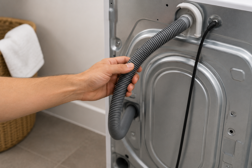 Person inspecting the drain hose behind a front-loading washing machine in a laundry room to troubleshoot a Whirlpool washer F9 E1 drain error.